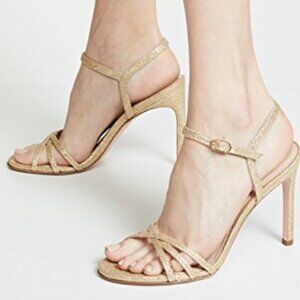 New Stuart Weitzman Gold Starla 80mm Crisscross Metallic Glitter Sandals